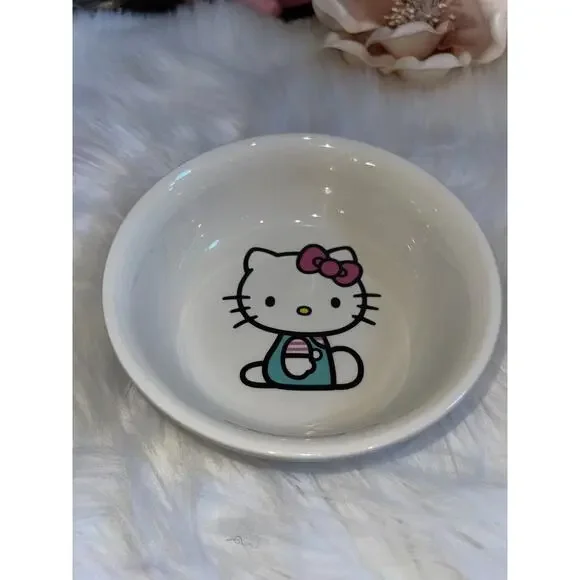 Hello Kitty Ceramic Pet Food Bowl Dish MEDIUM 6” Diameter Overalls Pink Bow