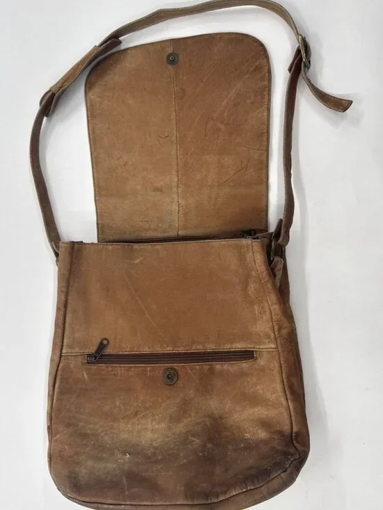 Boulder Ridge Messenger Bag Tan Cowhide Leather Plaid Lined Pockets Distressed