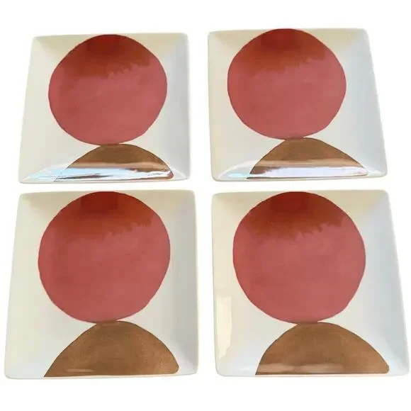 West Elm Luli Sanchez Abstract Circle 8” Square Plates Set of 4 Pink Brown