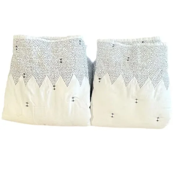 West Elm Accent Stitch Quilted Cotton White Dark Navy Embroidery King Shams NWOT