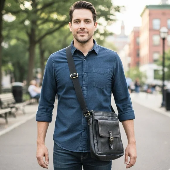Patricia Nash Men’s Black Leather North / South Crossbody Bag