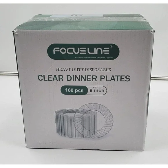 FOCUSLINE 100 Count Clear Plastic Plates 9 Inch, Disposable Heavy Duty Dinner...