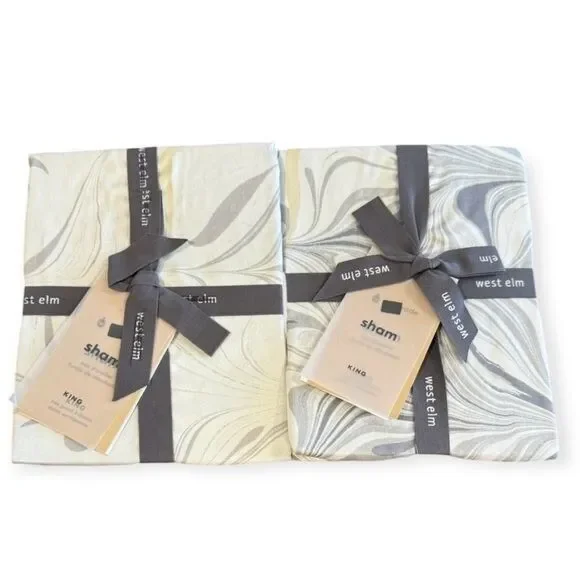 NIP West Elm Abstract Fair Trade Tencel Feathered Marble King Shams Frost Gray