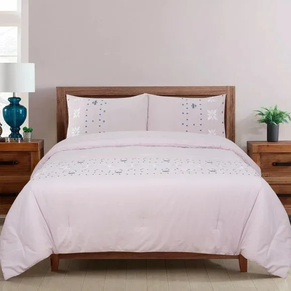 3-piece PINK Wild Sage Alana Embroidered Geometric FULL / QUEEN Duvet Cover Set