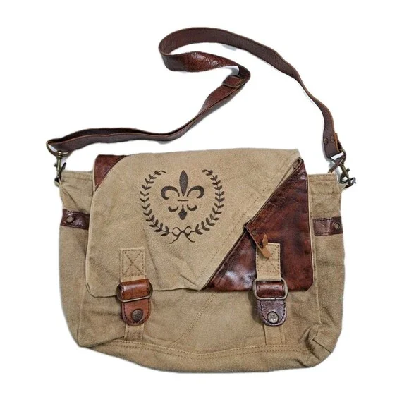 Canvas Leather Brown Messenger Bag Purse Oklahoma Fleur De Lis Khaki