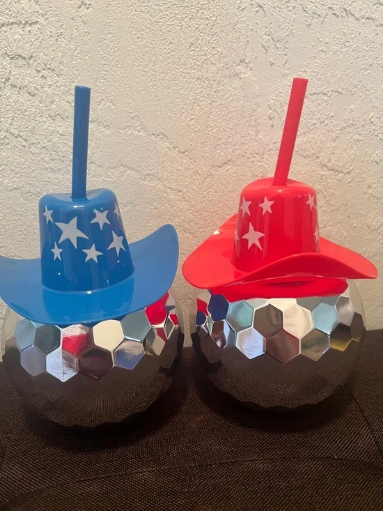 #1699** Festive Cowboy Hat Tumbler with Straw - Red and Blue