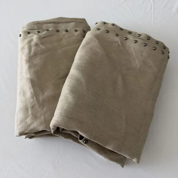 West Elm Pair Of 100% Linen Curtain Panels 48x96 Tan Studded Trim Rod Pocket EUC