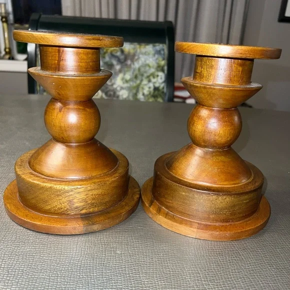 West Elm set of 2 Wood pedestal candleholders