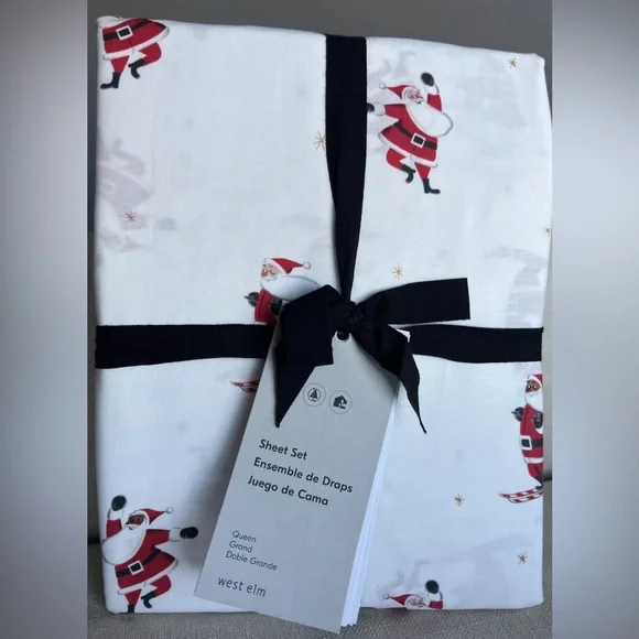 NWT West Elm Skiing Santa Percale Sheet Set