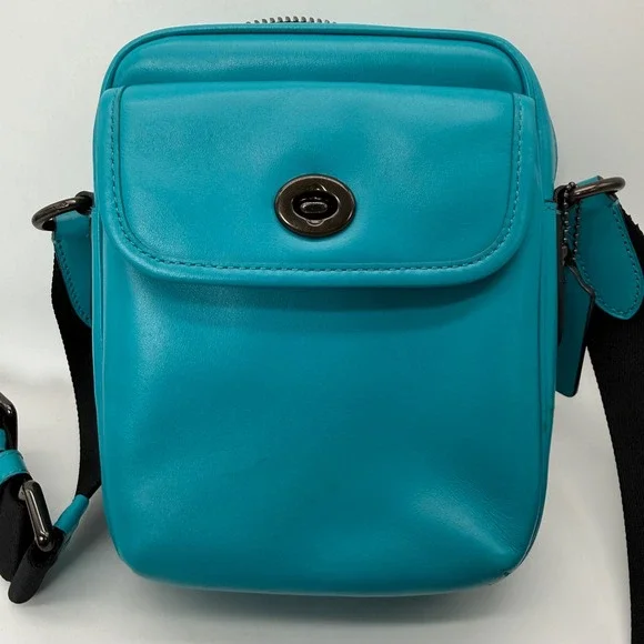 Coach Crossbody Bag Mens Small Turquoise Leather Turnlock Camera Messenger Bag