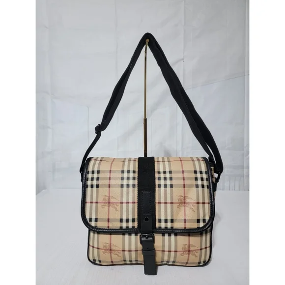 Authentic Burberry Flat Buckle Messenger Bag Haymarket Coated Canvas