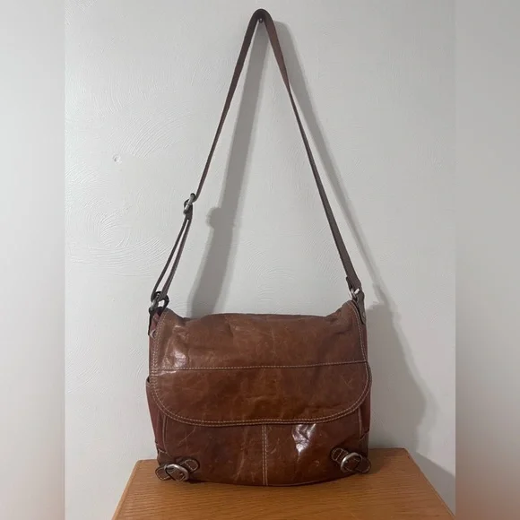 Fossil Brown Canvas Glazed Leather Large Messenger Bag Buckles Office School