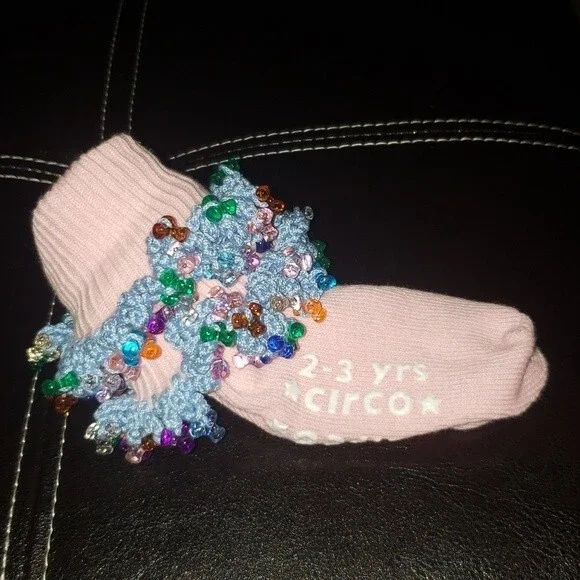 Homemade Crochet Beaded Socks: Size 2-3 Toddler, Pink with colorful beads