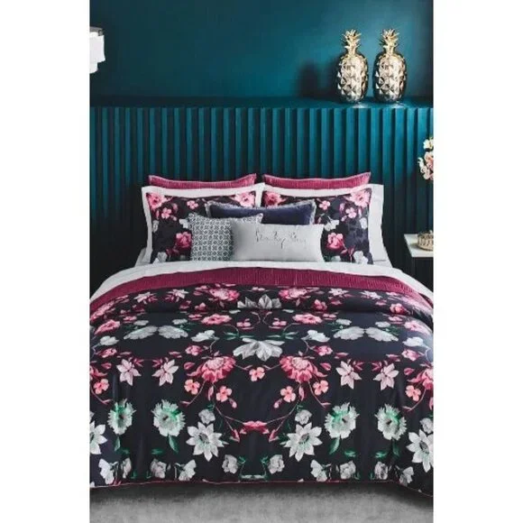 Ted Baker London Blue Pink Floral Rhubarb Duvet Cover & Shams Set Sz Queen New