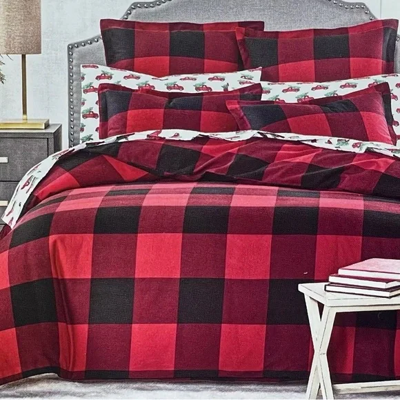 Martha Stewart Buffalo Plaid Flannel Cotton KING Duvet Cover Red / Black $200