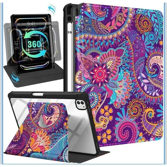 Kidcube for iPad Pro 11 Inch Case M4 2024 5th Generation Paisley Flower Purple