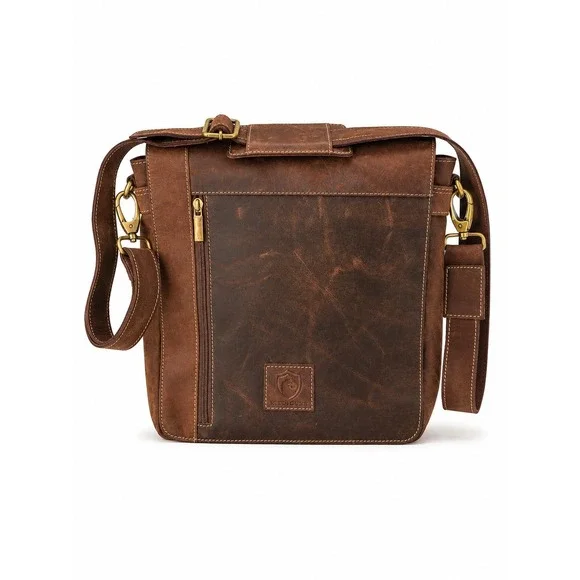 Urban Dezire Brown Distressed Leather Messenger Bag Crossbody‎