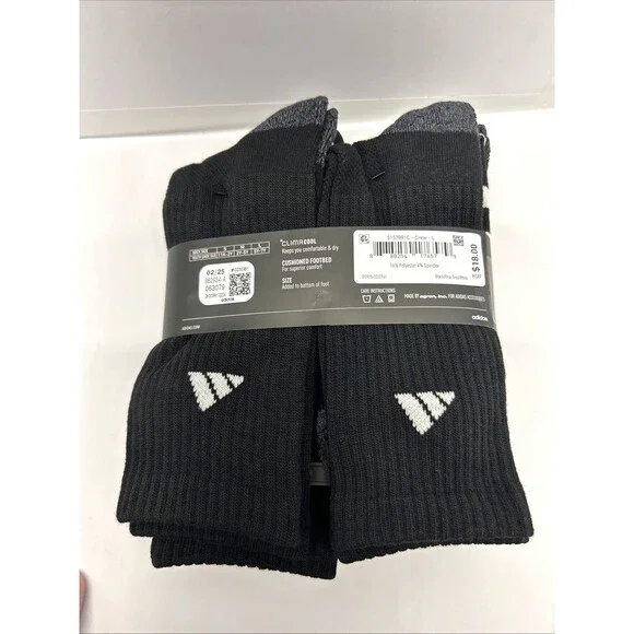 Adidas Youth Athletic Cushioned 6 Pack Crew Socks Black Large 5Y-7Y New