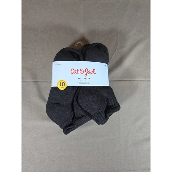 Cat And Jack Black Cushioned Sole Ankle Socks 10 pairs medium shoe size 9 - 2.5