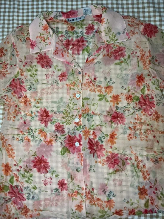 Floral Blouse PrettyP Women’s Small Collared Button-Up Lightweight Feminine