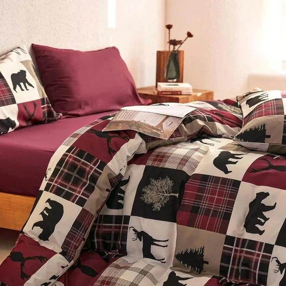 Duvet Cover Set / Rustic Forest Plaid Bedding Set - Burgundy