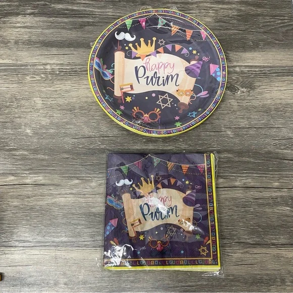 Happy‎ Purim Party Plates & Napkins Set • Festive Jewish Holiday Tableware