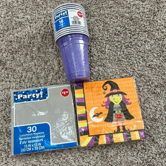 Halloween‎ Party Supplies Bundle Purple Cups Witch Bats & Silver Napkins 64pc