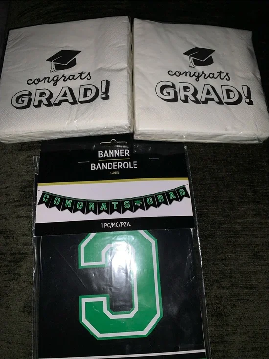 🆕- Congrats Grad! White Napkins & Black/Green Banner Graduation Party Set