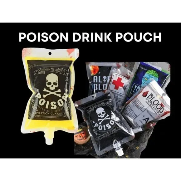 Halloween Poison Drink Flask, I.V. Bag Drink Pouch, Blood Bag Drink Cups + Label