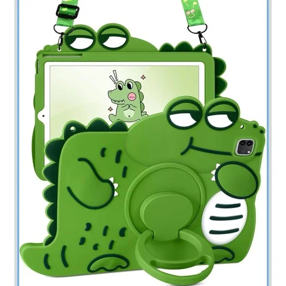 Wazzasoft iPad Pro M4 11 Inch Case Silicone Green Kids Rotating Handle Strap