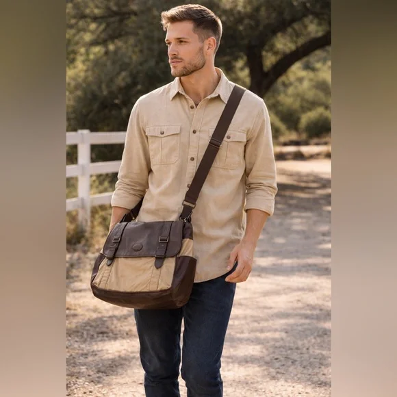 Fossil Leather Trim Tan Nylon Messenger Laptop Bag Crossbody Work