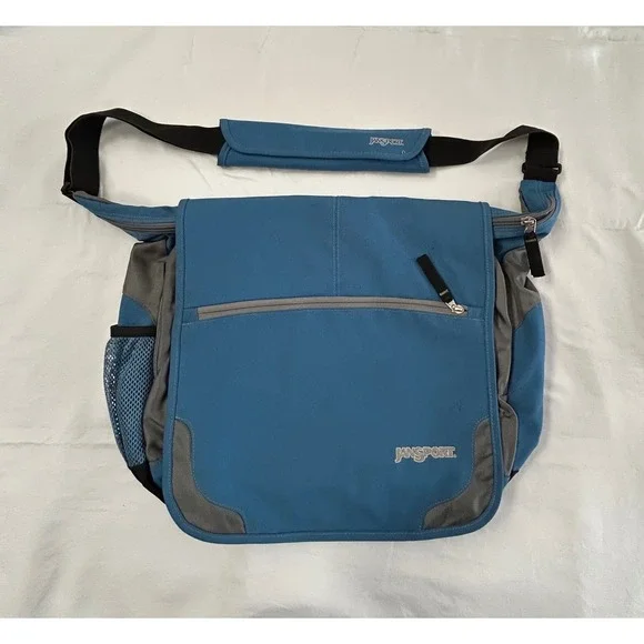 JanSport Messenger Laptop Bag Blue Gray Crossbody Travel School Organizer