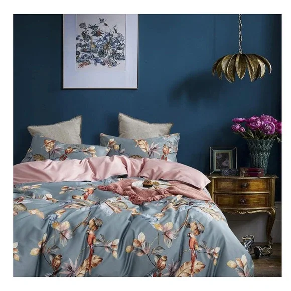 Anjos Pastoral Birds Leaves Cotton Duvet Cover Set 600TC 3pc Bedding Set Queen