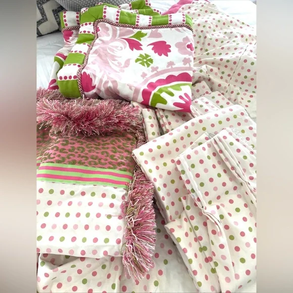 Custom Made Leopard Pink Polka Dot Std Shams Euro Shams Bedskirt Curtains 7pcs