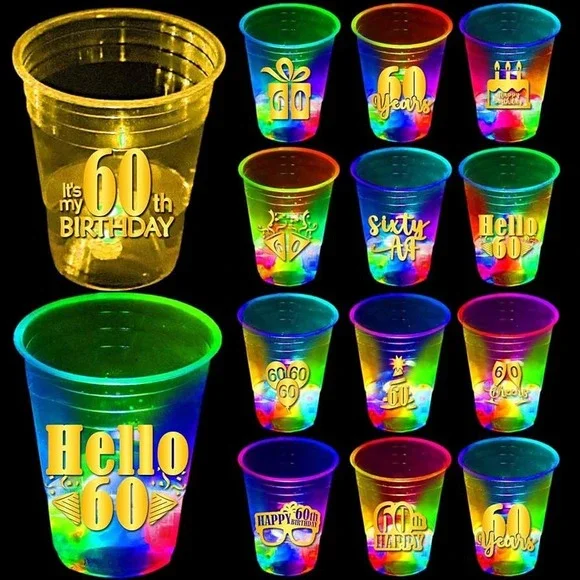 60th Birthday Glow In The Dark Party Cups - Fun Sixtieth Celebration‎ Supplies