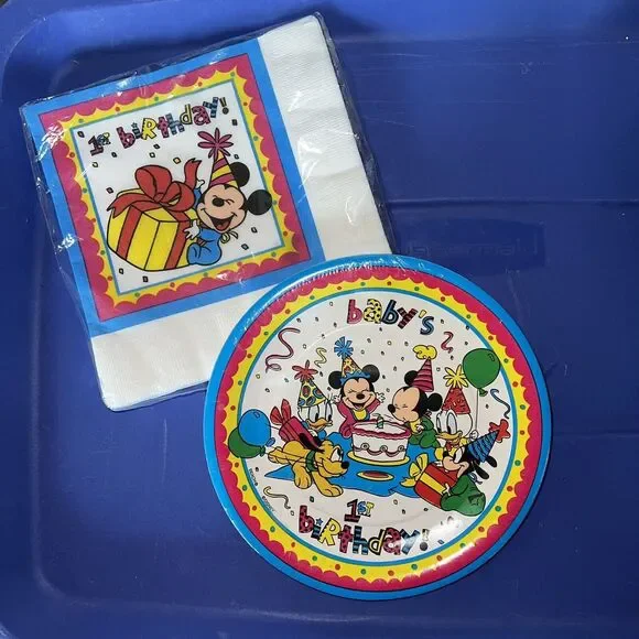 Vintage Beach NOS Disney Mickey Mouse 1st Birthday Party Plates 8 Napkins 16