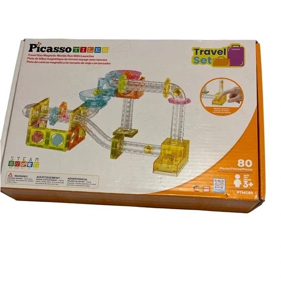 PicassoTiles 80 Piece Travel‎ Size Magnetic Marble Run With Launcher PTMG80