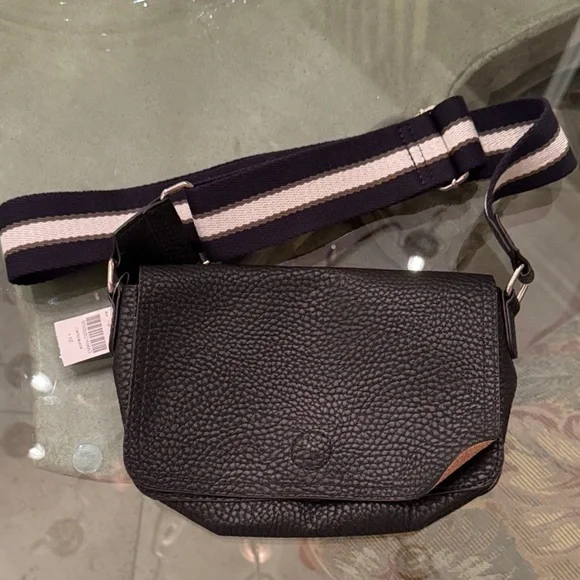 Barneys New York Black Pebbled Leather Messenger Bag with Striped Strap