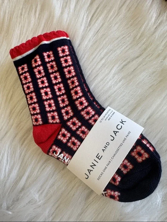 Janie & Jack Navy Red White Patterned Socks with 2 Navy Polka-Dot Bow Hair Clips
