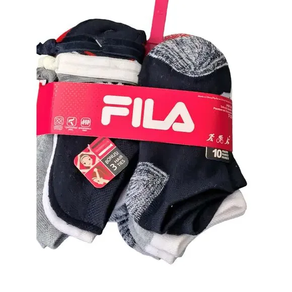 NWT Fila 10 Pairs Comfort Knit Soft Socks Bonus 3 Hair Ties Girls 7 to 10 Shoe
