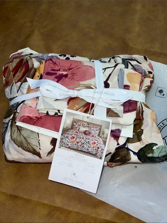 New Levtex Mona Duvet Set - Pink, Burgundy, Green-Full/Queen- 1 Duvet, 2 Shams
