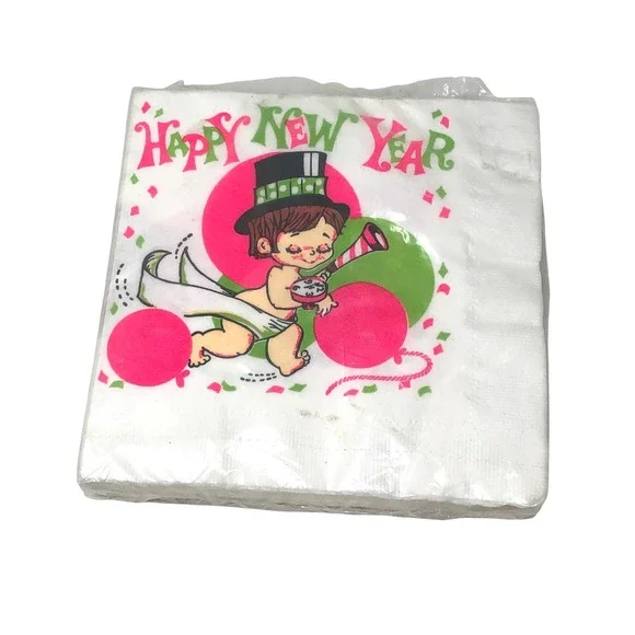 Vintage Happy New Year Paper Napkins Baby Pink Green Reed 20 Count New NIP