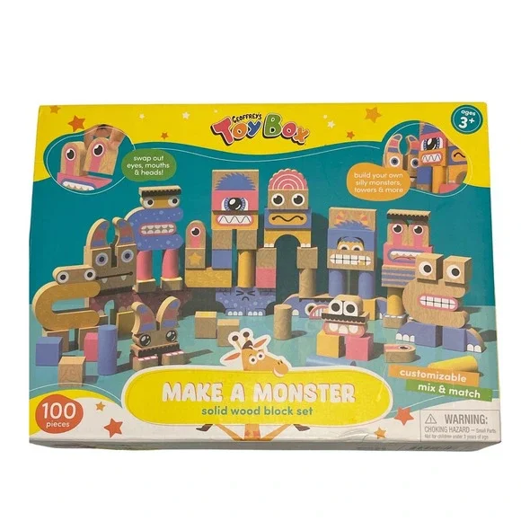 Geoffrey's Toy Box‎ Make A Monster Solid Wood Block Set 100 Pieces Kids Ages 3+