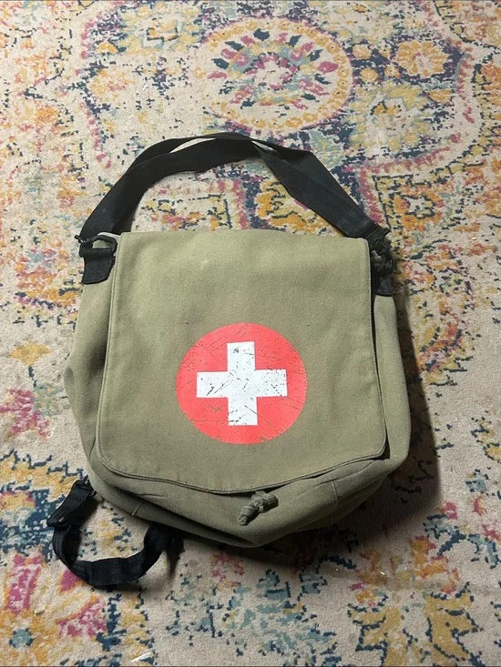 Olive Canvas Messenger Bag with Red Medical Cross Laptop Bag