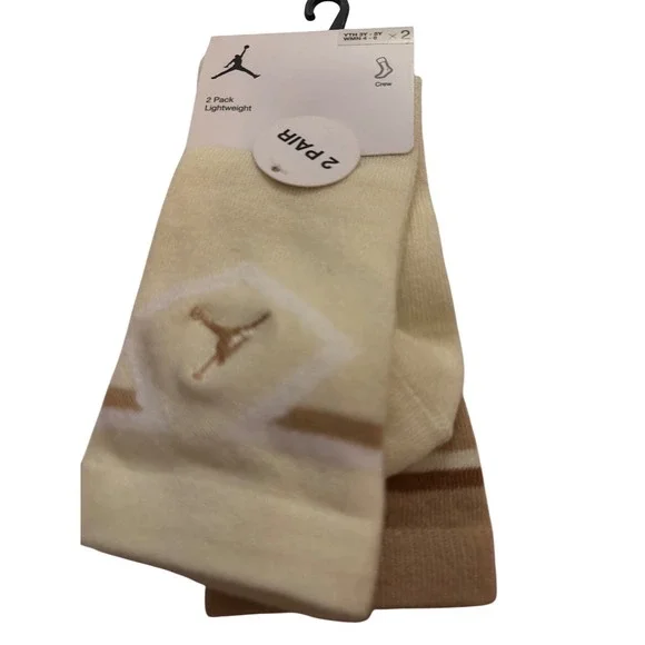 Jordan Jumpman Crew Socks 2 Pack Tan Cream Kids Youth Size 3Y-5Y BJ0099-W3Z