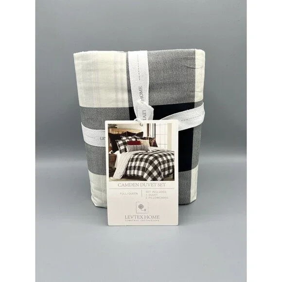 Levtex Home Camden 3 Piece Duvet Cover Set Black White Plaid NEW Farmhouse Chic