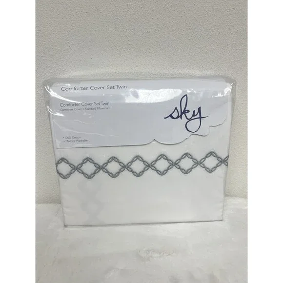 Sky Embroidered Percale Collection Twin Duvet Cover & 2 Sham Set White/Gray New