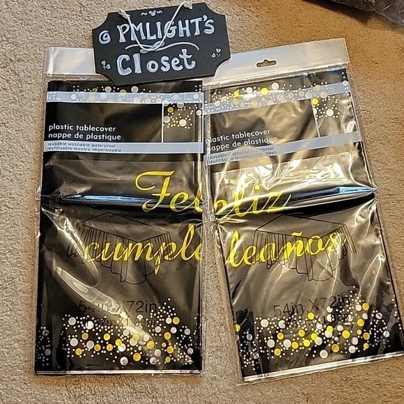 Feliz Cumpleaños Plastic Tablecloths New Set of 2 Black Gold Silver 54x72