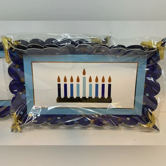 Hanukkah Party 13”x 8” Serving Trays, Blue & Gold, Party Tray,4 Disposable Trays