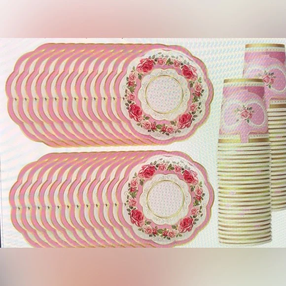 Elegant 60 PCS Pink Floral Party paper Plates and cups with handle.